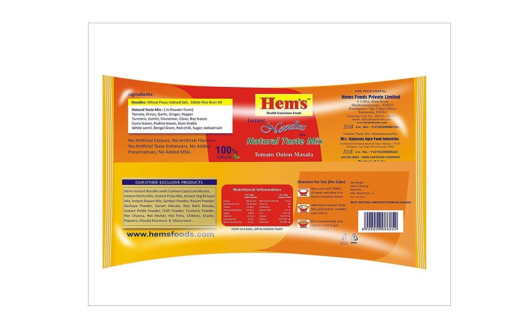 Hem's Instant Noodles with Natural Taste Mix (Tomato Onion Masala)   Pack  280 grams